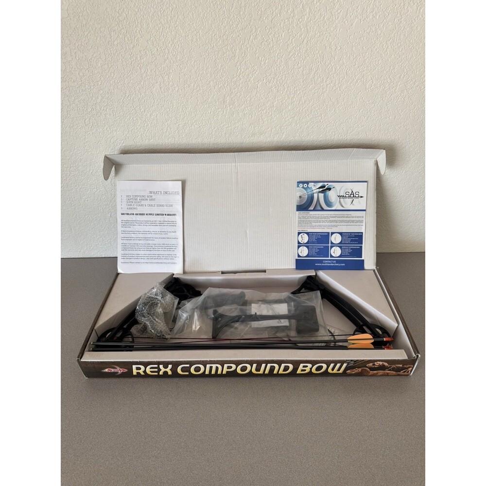 Poe Lang Rex Compound Bow Right Hand New In Box w/ 3 Arrows Hunting Archery
